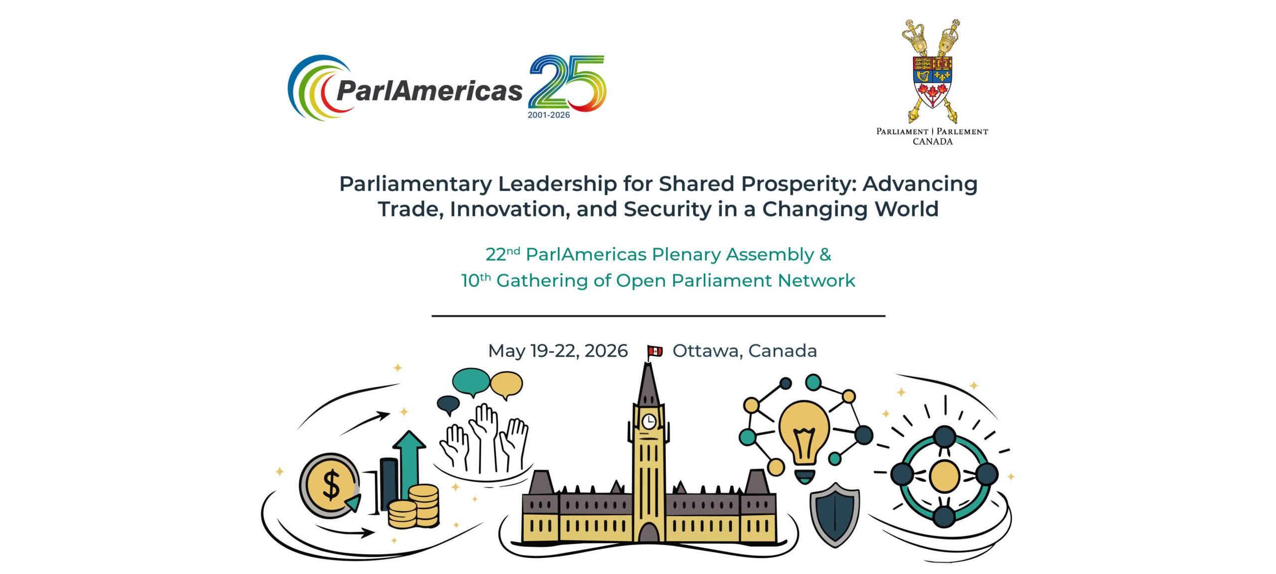 ParlAmericas 25th anniversary banner with logos and event title, Ottawa, May 19–22, 2026, 22nd Plenary Assembly and Open Parliament Network gathering