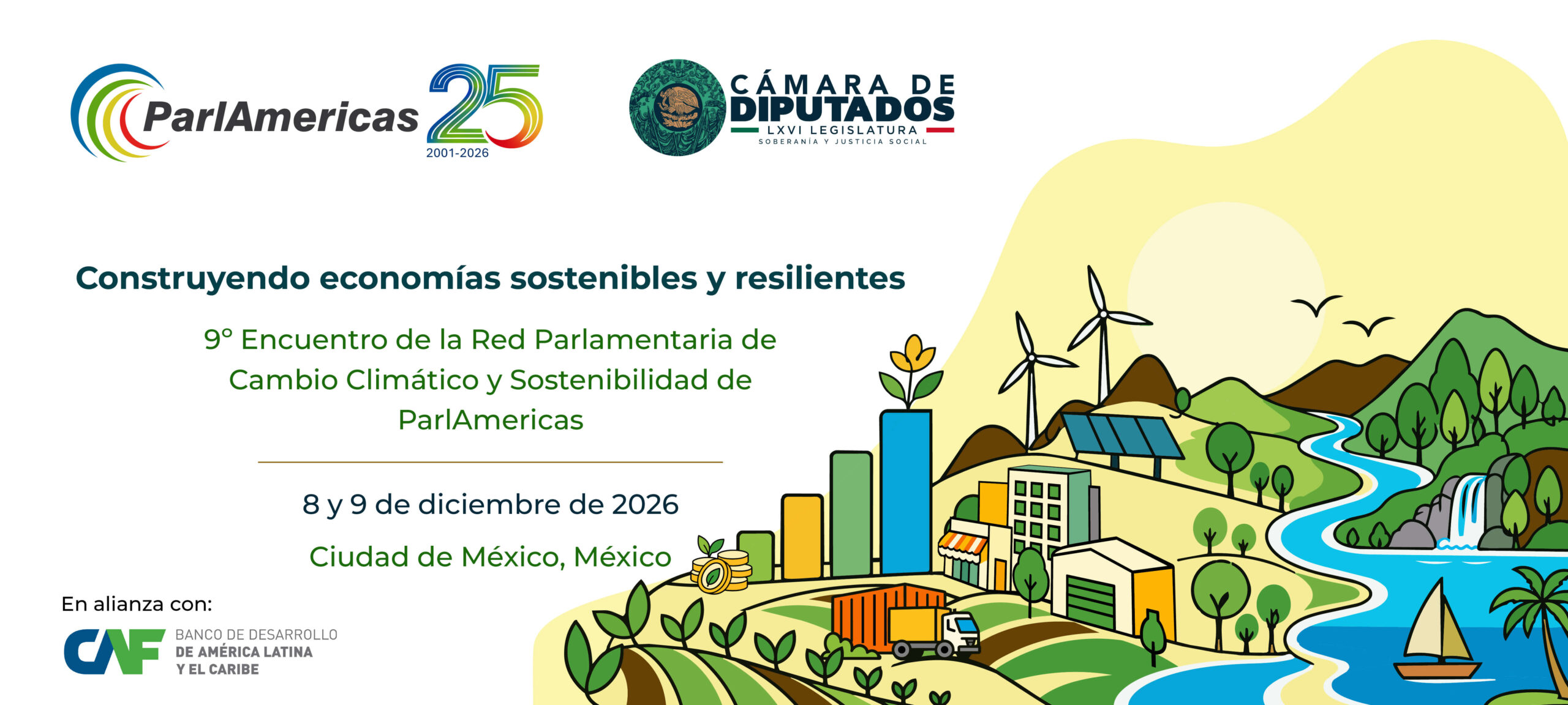 Banner for ParlAmericas and Cámara de Diputados event about sustainable economies, December 8–9, 2026, Mexico City, with a colorful landscape illustration on the right.