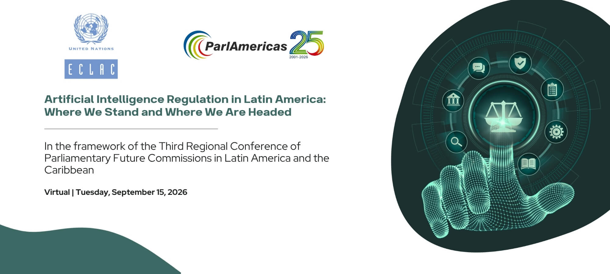 Conference banner displaying the title 'Artificial Intelligence Regulation in Latin America: Where We Stand and Where We Are Headed' with organizational logos and a futuristic digital handicons motif on the right side.