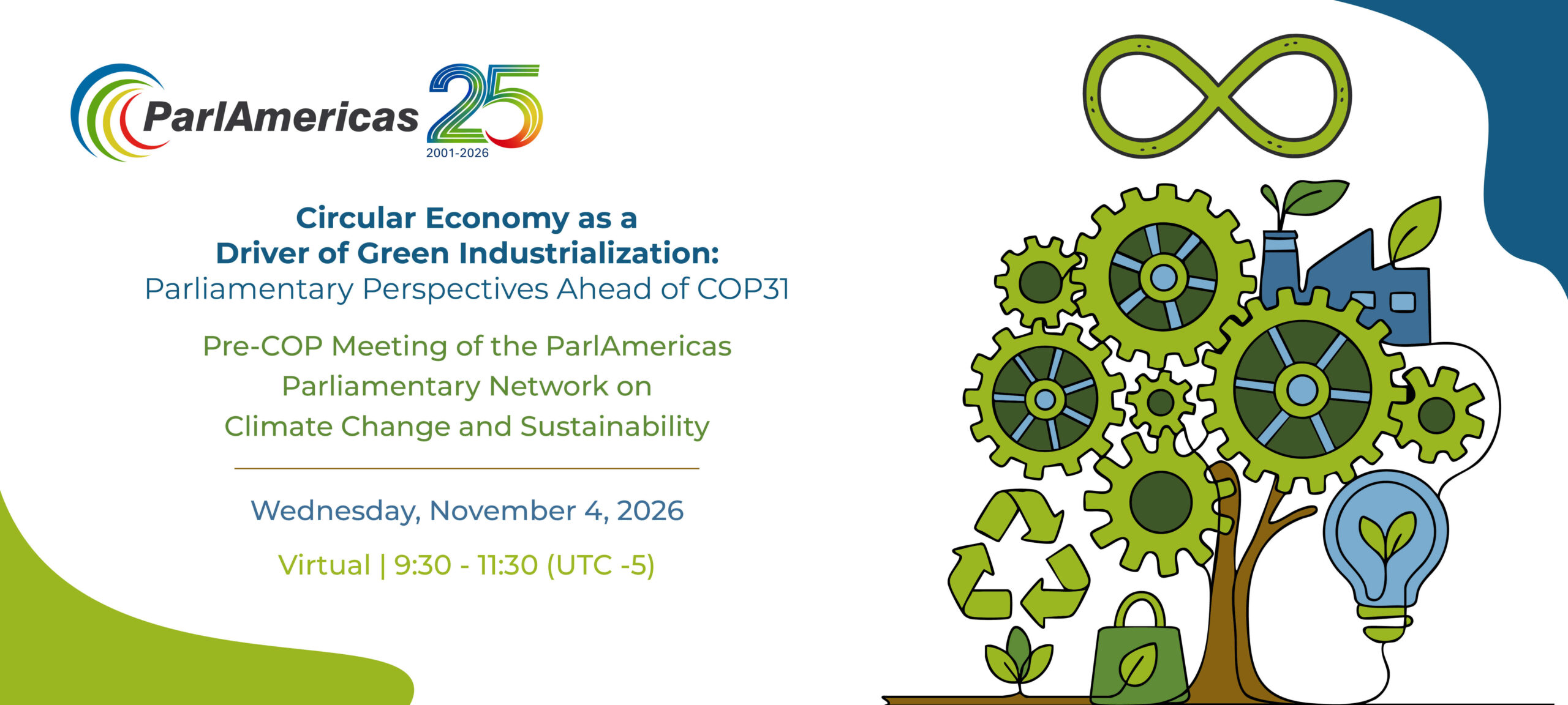 Banner for ParlAmericas event: 'Circular Economy as a Driver of Green Industrialization' with date Wednesday, November 4, 2026, and virtual format, focus on climate change and sustainability.