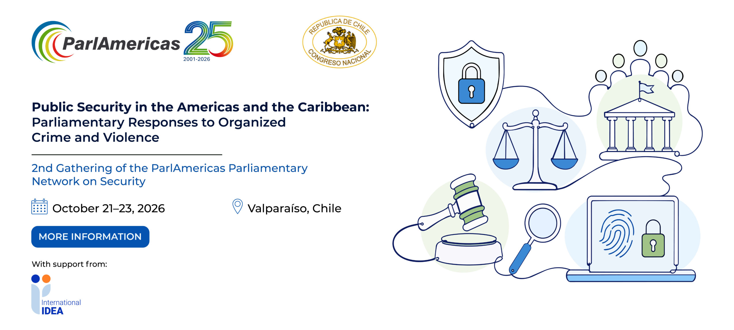 Banner for the ParlAmericas Security gathering: 'Public Security in the Americas and the Caribbean' with event details in Valparaíso, Chile, Oct 21–23, 2026.