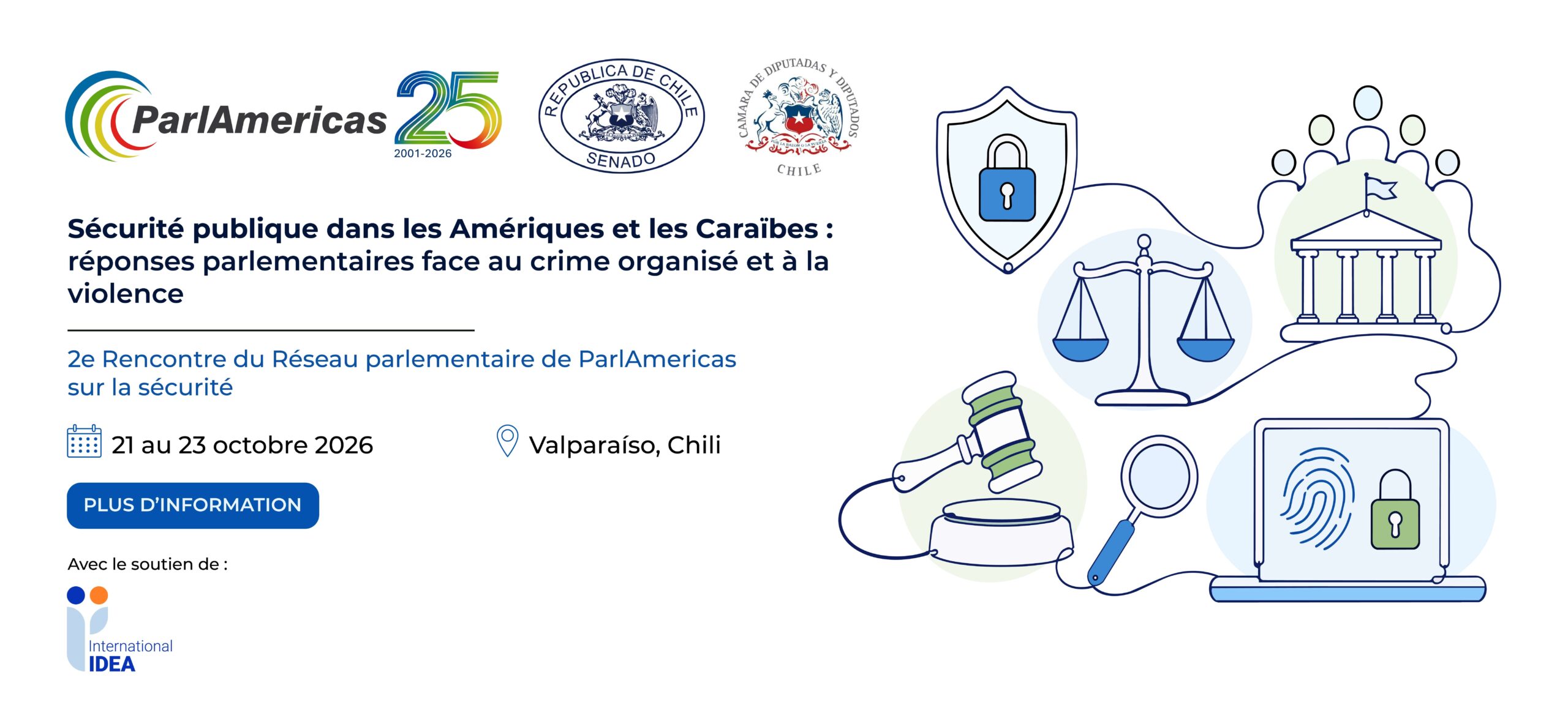 Bannière annonçant la 2e Rencontre du Réseau parlementaire ParLatAm sur la sécurité, Valparaíso (Chili), 21–23 octobre 2026.