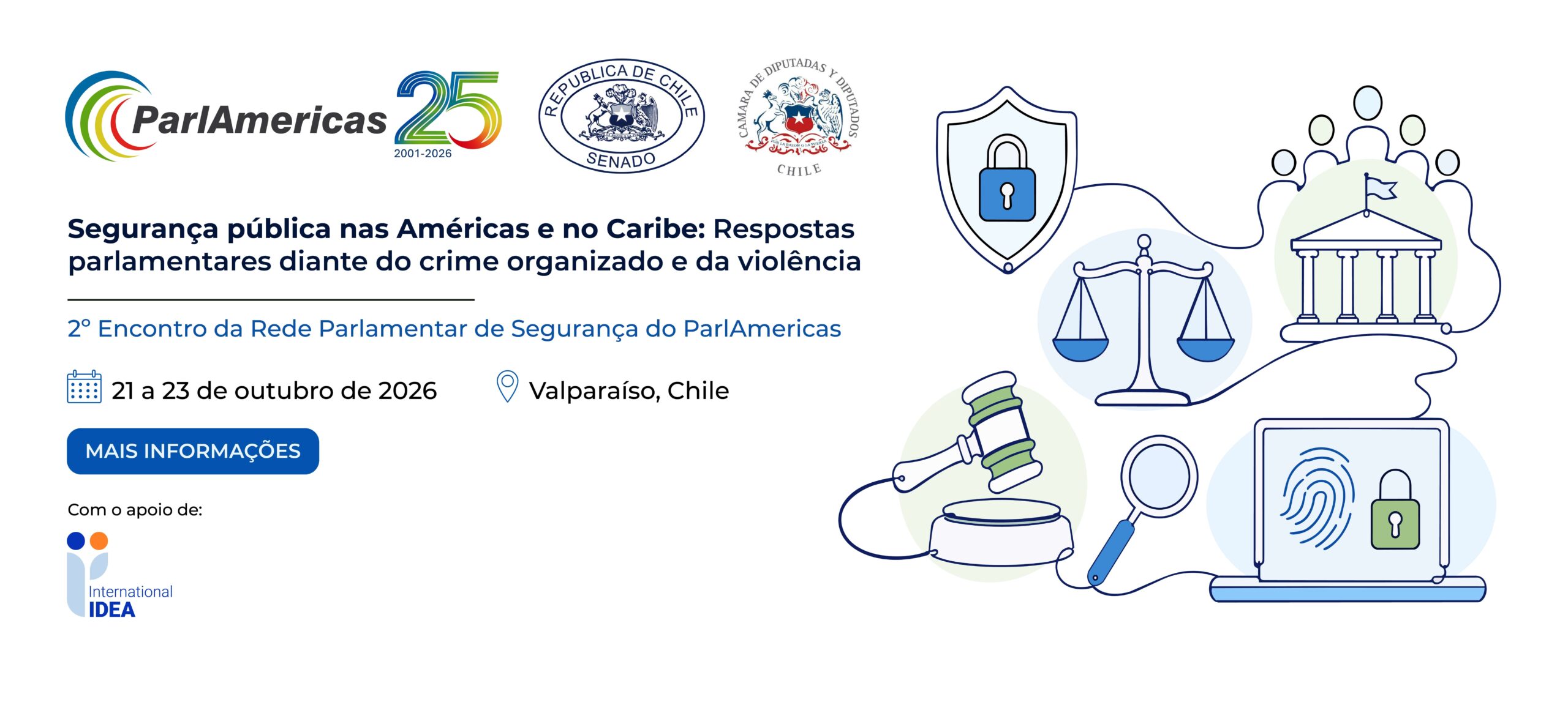 Banner advertising the 2nd Meeting of the Parlas Americas Network on public security in the Americas, Oct 21–23, 2026, Valparaíso, Chile.