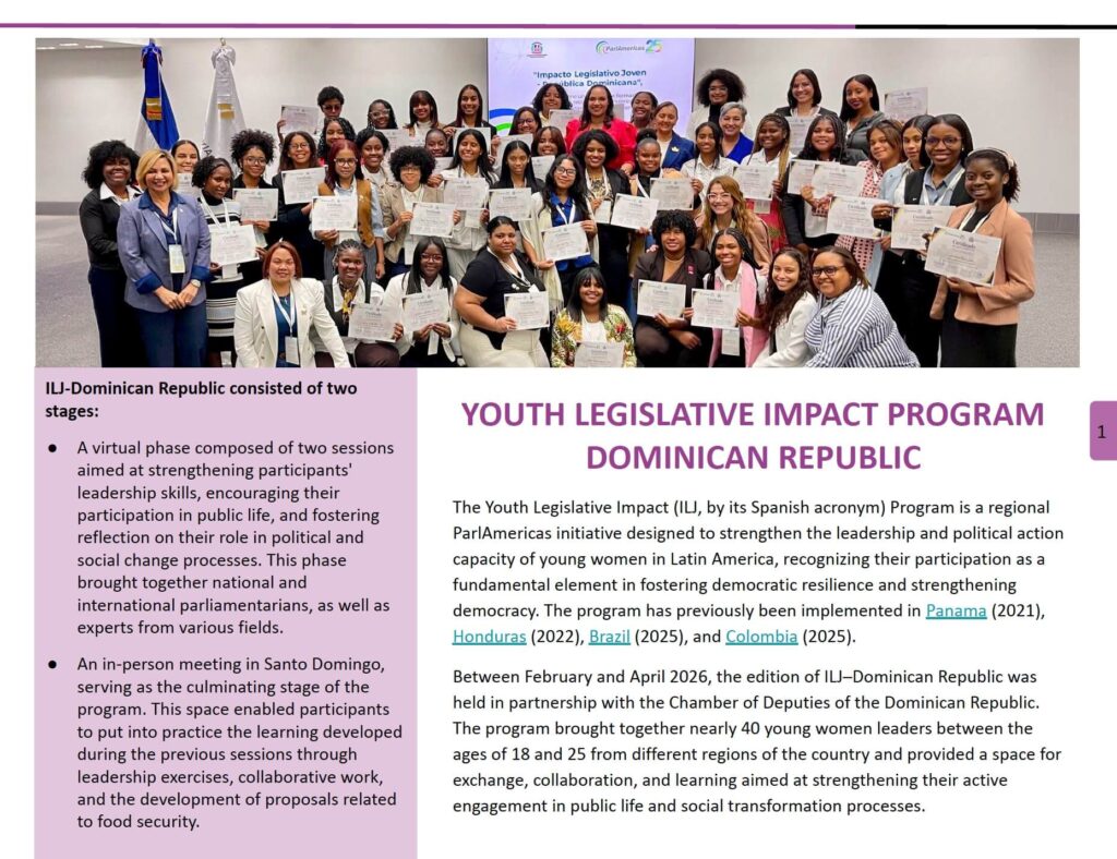 ParlAmericas › Cover-ILJ-DR-en Group of diverse young women and facilitators proudly pose with certificates at a Youth Legislative Impact Program event.