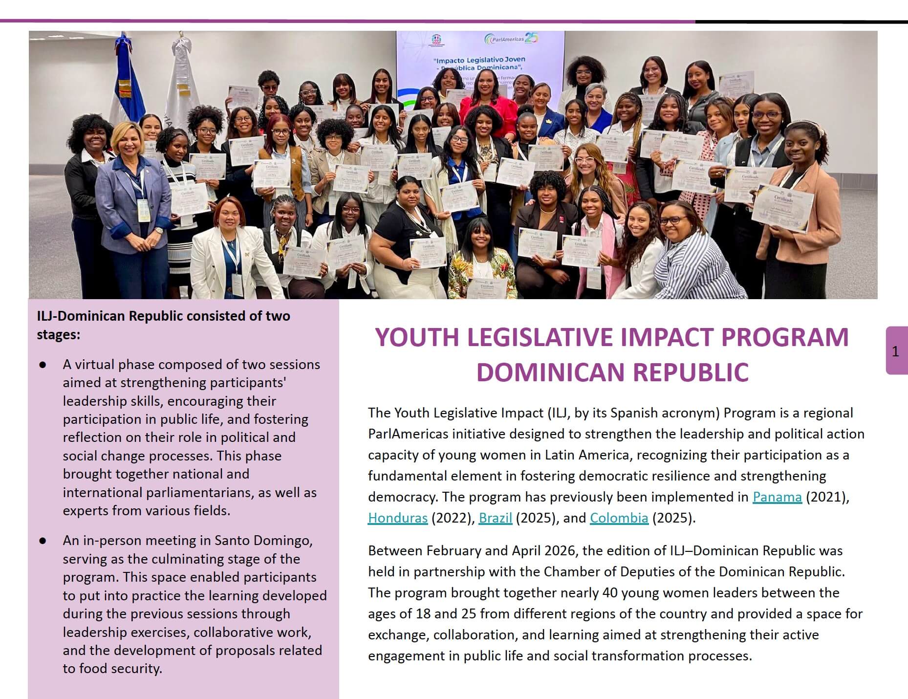 Cover-ILJ-DR-en Group of diverse young women and facilitators proudly pose with certificates at a Youth Legislative Impact Program event.