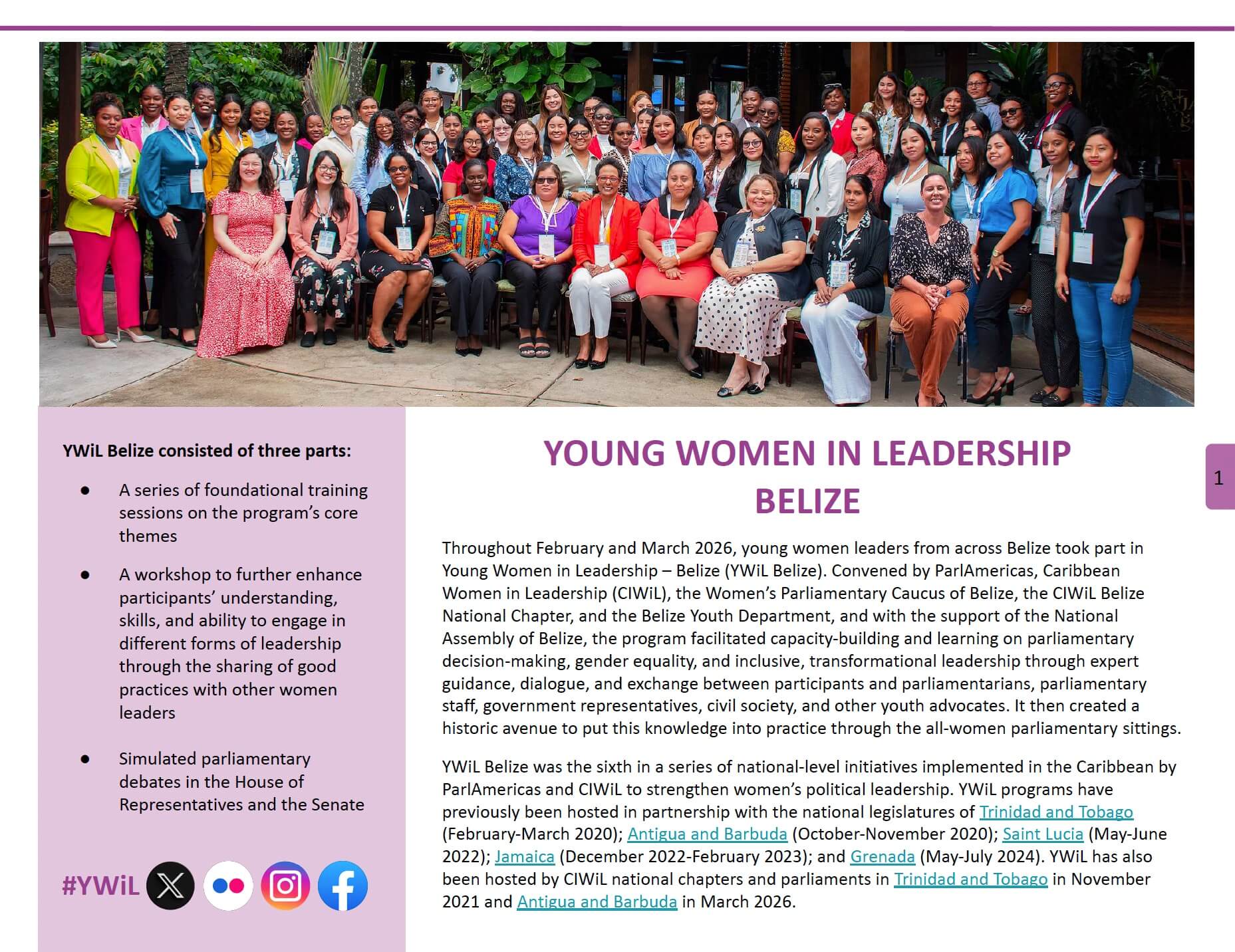 Cover-YWiL-Belize-en Group photo of diverse women attending a Young Women in Leadership Belize event, outdoors with plants in the background.