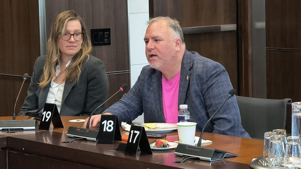 Two panelists sit at a conference table; the man on the right speaks into a microphone while the woman on the left listens.