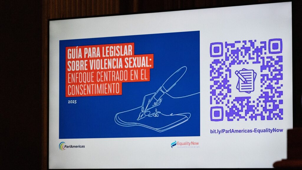 Spanish poster announcing a consent‑focused guide to legislate sexual violence, with a pen illustration on blue and a purple QR code