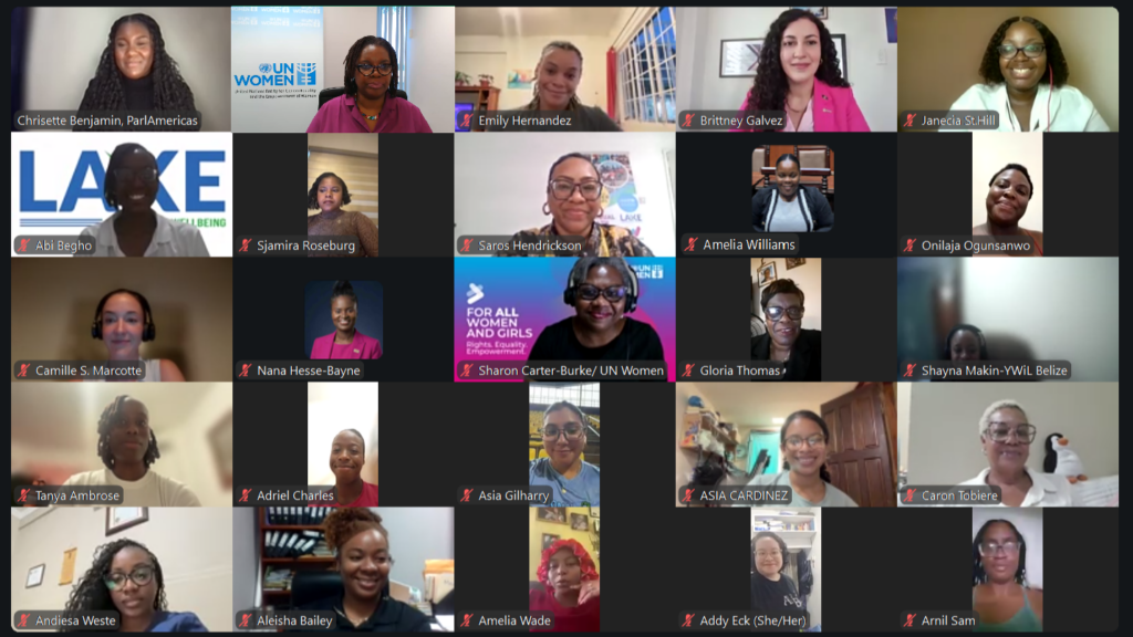 Grid of 25 participants in a virtual meeting, many smiling, shown in a Zoom-style grid; some tiles show UN Women branding.