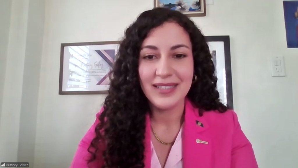 Woman with long curly hair in a bright pink blazer smiles at the camera during a video call, with framed art in the background.