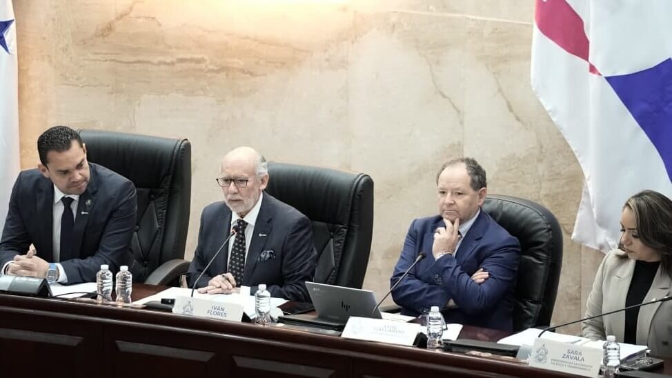 Four professionals sit at a long conference table with microphones and water bottles; a flag is visible in the background.