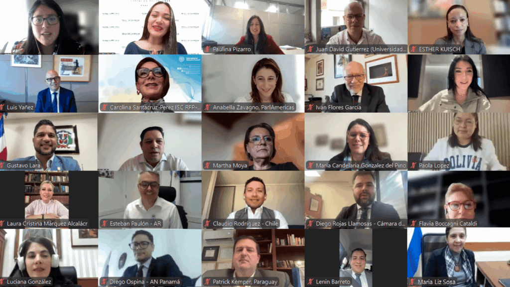 Grid of diverse professionals participating in a large video conference call.