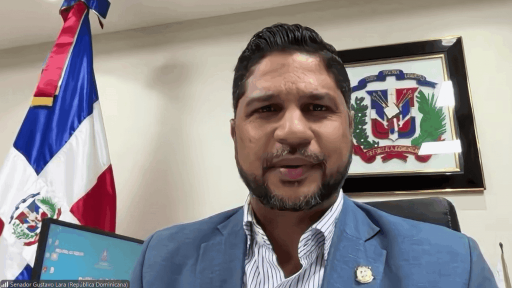Man in a blue blazer speaks during a video conference, seated in an office with a Dominican Republic flag and a framed crest behind him.