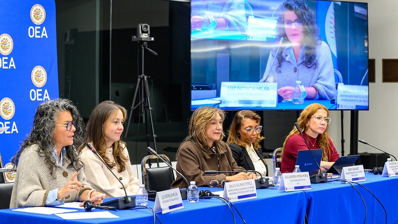 Panel of five women seated at a blue-draped table with microphones and nameplates, a camera on a stand behind, and a large screen showing a speaker—at an OEA event.