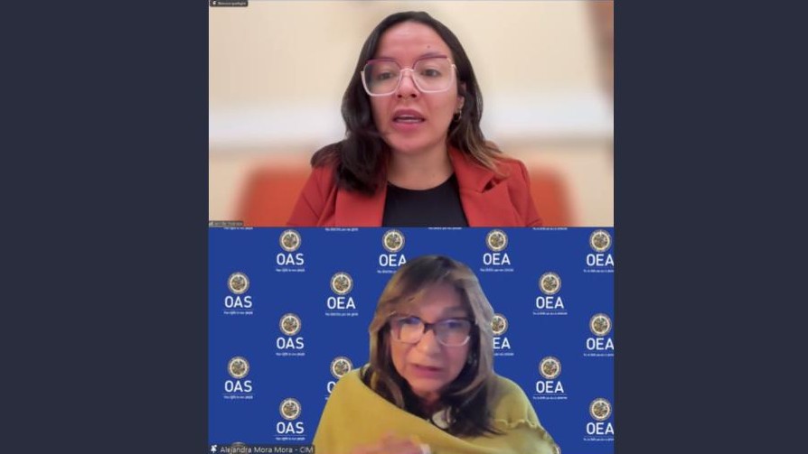 Two women speak in a split-screen video call; top person in a red blazer, bottom person with a yellow scarf, against a blue OEA backdrop.